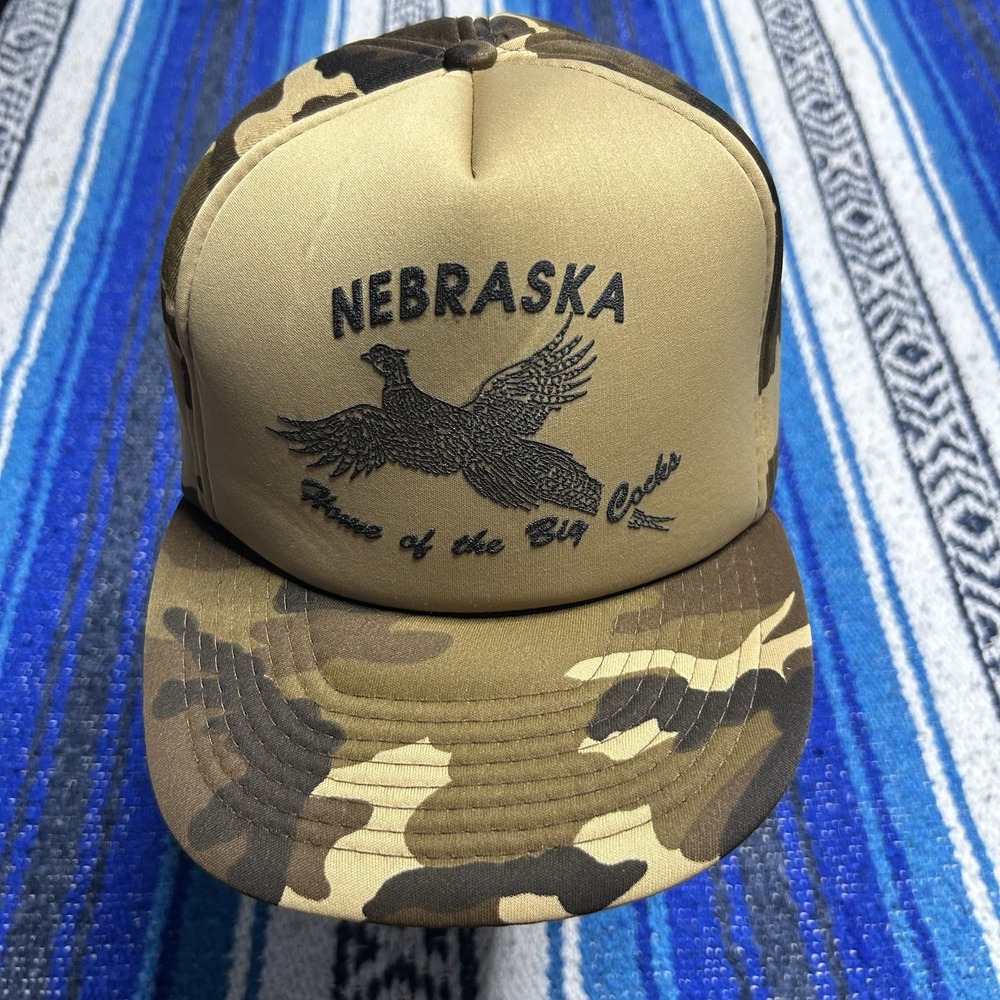 Vintage 80s Nebraska Pheasant Hunting Big Country Trucker Hat Camo Mesh USA